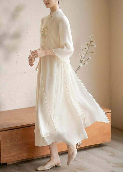 Y2K Grunge Chinese Style Beige Embroidered Lace-Up Patchwork Silk Dress - 90s Summer Outfit
