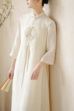 Y2K Grunge Chinese Style Beige Embroidered Lace-Up Patchwork Silk Dress - 90s Summer Outfit