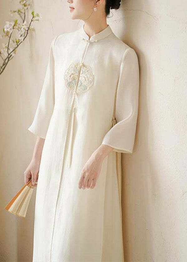 Y2K Grunge Chinese Style Beige Embroidered Lace-Up Patchwork Silk Dress - 90s Summer Outfit