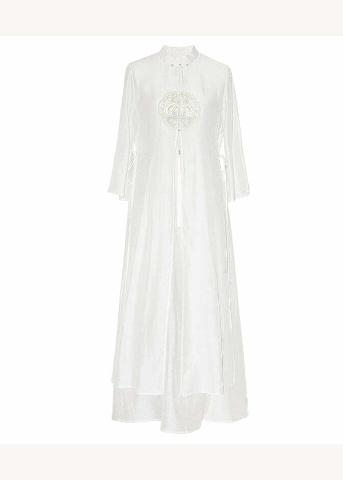 Y2K Grunge Chinese Style Beige Embroidered Lace-Up Patchwork Silk Dress - 90s Summer Outfit