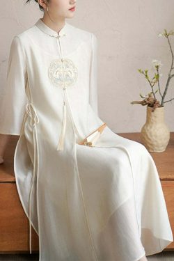 Y2K Grunge Chinese Style Beige Embroidered Lace-Up Patchwork Silk Dress - 90s Summer Outfit