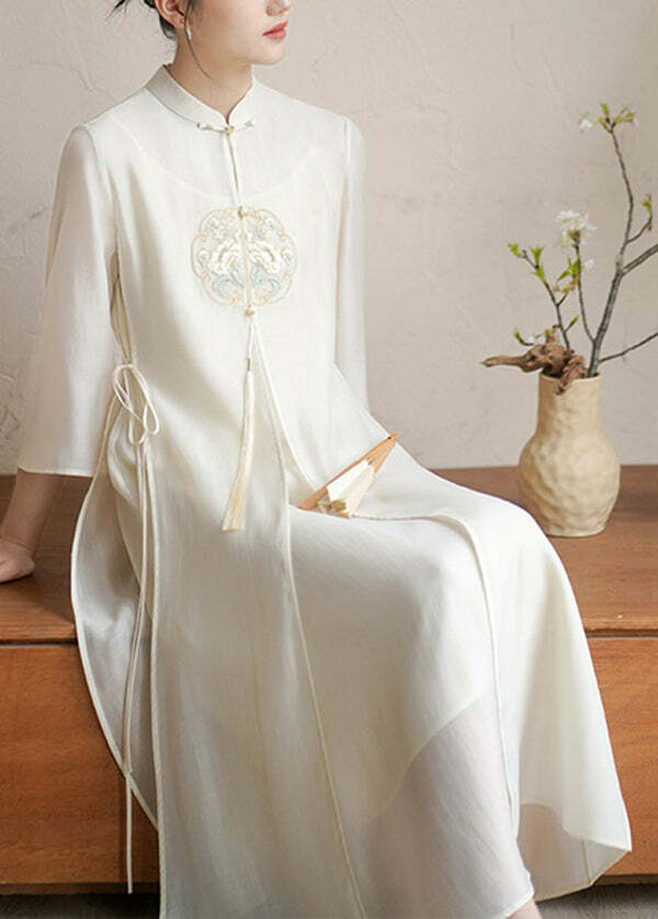 Y2K Grunge Chinese Style Beige Embroidered Lace-Up Patchwork Silk Dress - 90s Summer Outfit