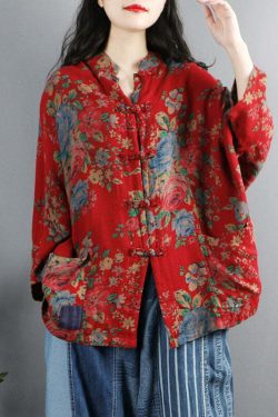 Y2K Grunge Chinese Style Red Print Cotton Coat with Pockets and Button Patchwork Long Sleeve