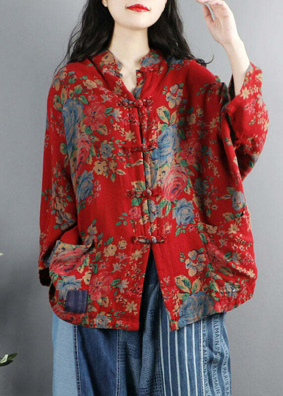Y2K Grunge Chinese Style Red Print Cotton Coat with Pockets and Button Patchwork Long Sleeve