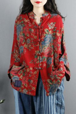 Y2K Grunge Chinese Style Red Print Cotton Coat with Pockets and Button Patchwork Long Sleeve