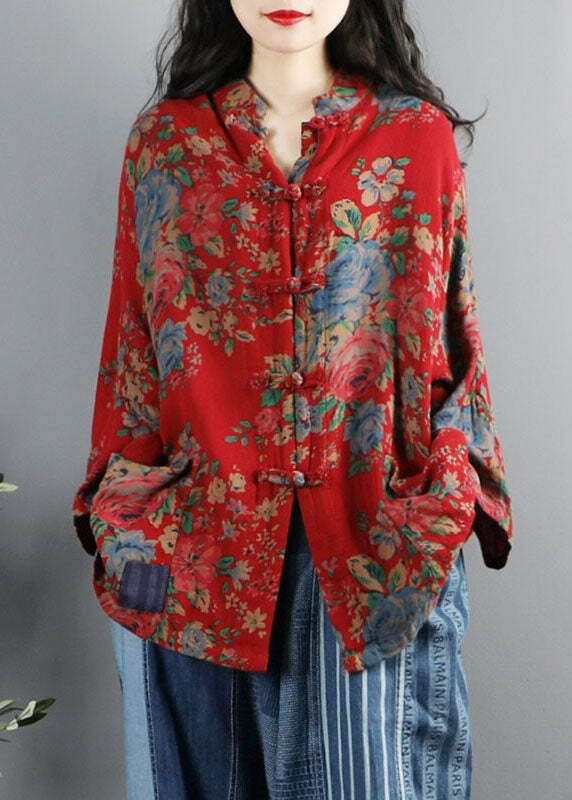 Y2K Grunge Chinese Style Red Print Cotton Coat with Pockets and Button Patchwork Long Sleeve