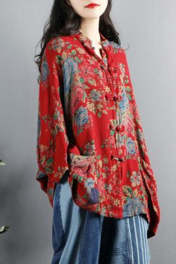 Y2K Grunge Chinese Style Red Print Cotton Coat with Pockets and Button Patchwork Long Sleeve
