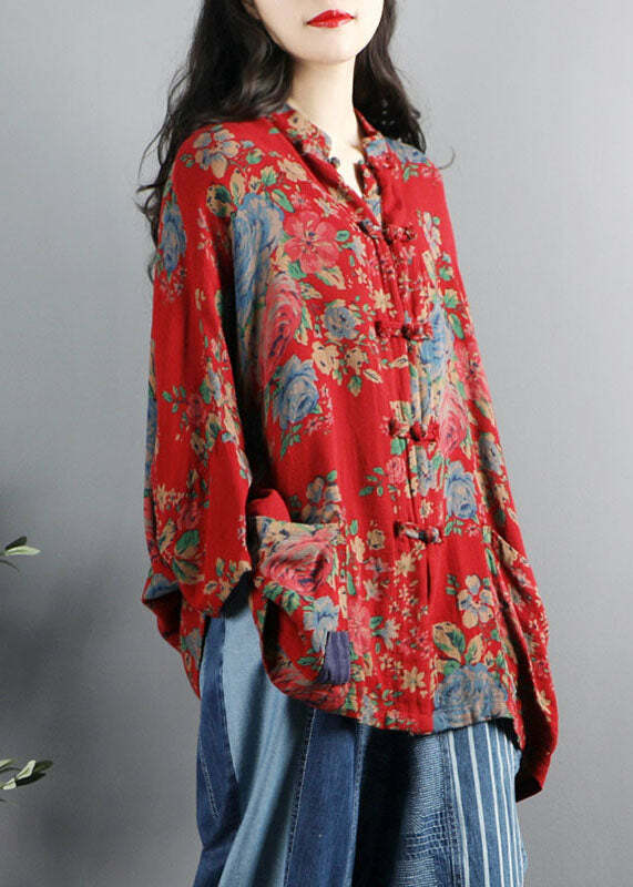 Y2K Grunge Chinese Style Red Print Cotton Coat with Pockets and Button Patchwork Long Sleeve