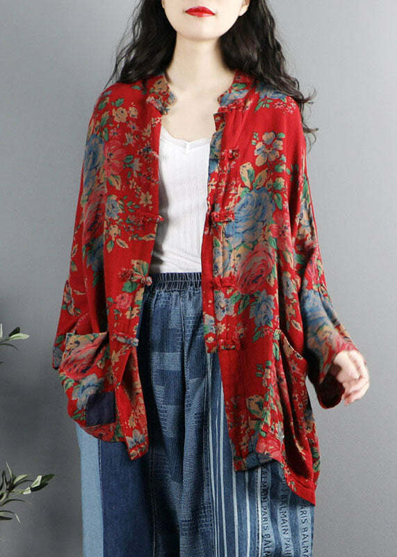 Y2K Grunge Chinese Style Red Print Cotton Coat with Pockets and Button Patchwork Long Sleeve