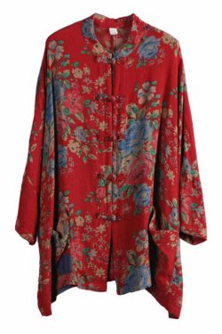 Y2K Grunge Chinese Style Red Print Cotton Coat with Pockets and Button Patchwork Long Sleeve