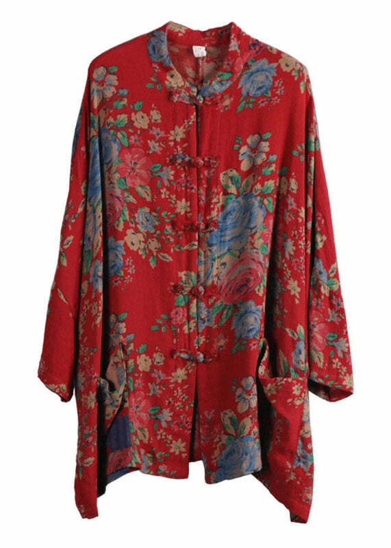 Y2K Grunge Chinese Style Red Print Cotton Coat with Pockets and Button Patchwork Long Sleeve