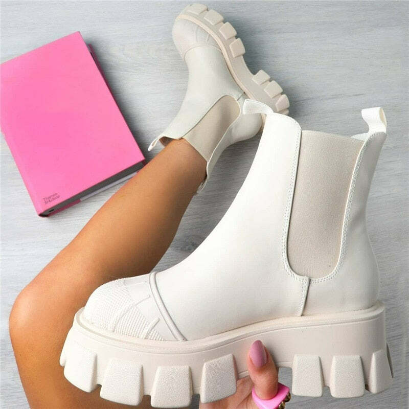 Y2K Grunge Chunky Chelsea Boots Beige - Retro 90s Fashion, Summer Outfits, and Pastel Goth Style