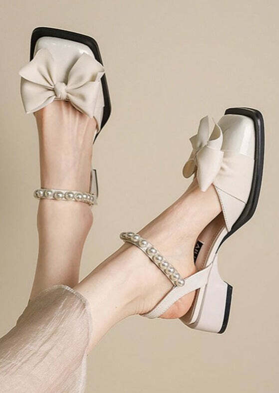 Y2K Grunge Chunky Sandals - Khaki Faux Leather with Fashion Nail Bead Bow Splicing