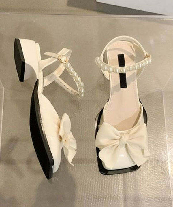 Y2K Grunge Chunky Sandals - Khaki Faux Leather with Fashion Nail Bead Bow Splicing