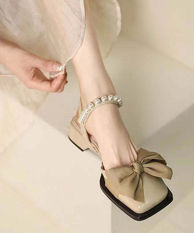 Y2K Grunge Chunky Sandals - Khaki Faux Leather with Fashion Nail Bead Bow Splicing