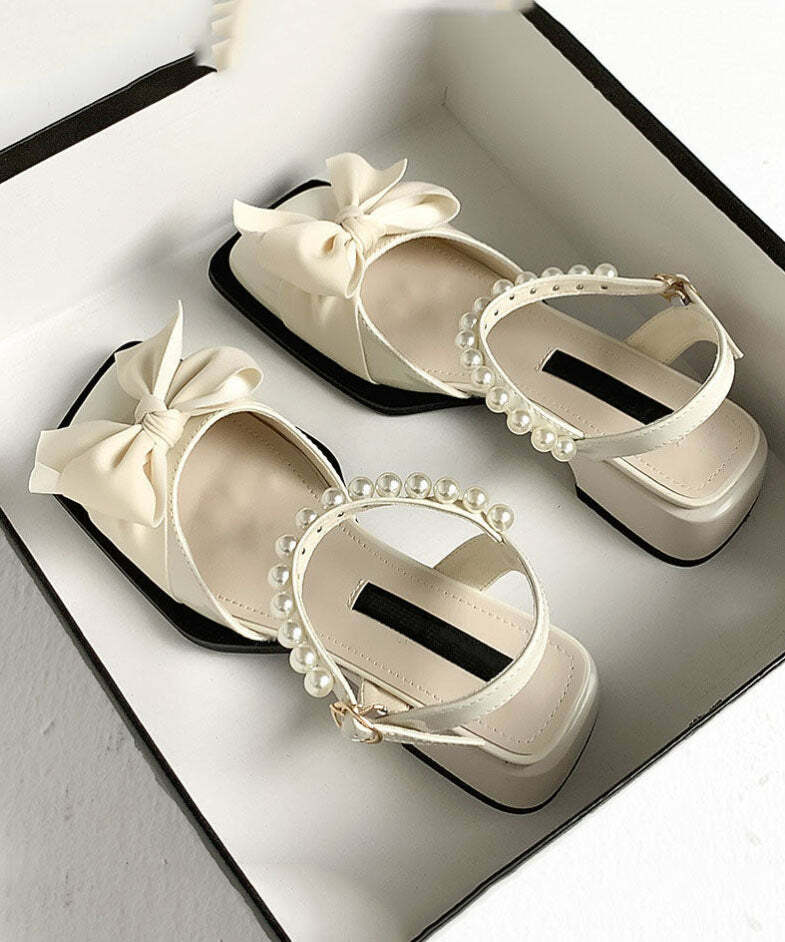 Y2K Grunge Chunky Sandals - Khaki Faux Leather with Fashion Nail Bead Bow Splicing