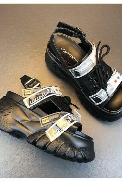 Y2K Grunge Chunky Wedged Sandals - Retro 90s Fashion, Summer Y2K Outfits, Pastel Goth Style