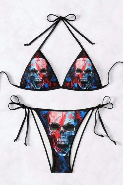 Y2K Grunge Colorful Smoke Skull Halter String Bikini Set - Retro 90s Summer Beach Outfit