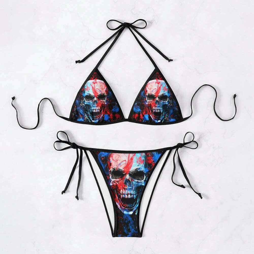 Y2K Grunge Colorful Smoke Skull Halter String Bikini Set - Retro 90s Summer Beach Outfit