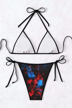 Y2K Grunge Colorful Smoke Skull Halter String Bikini Set - Retro 90s Summer Beach Outfit