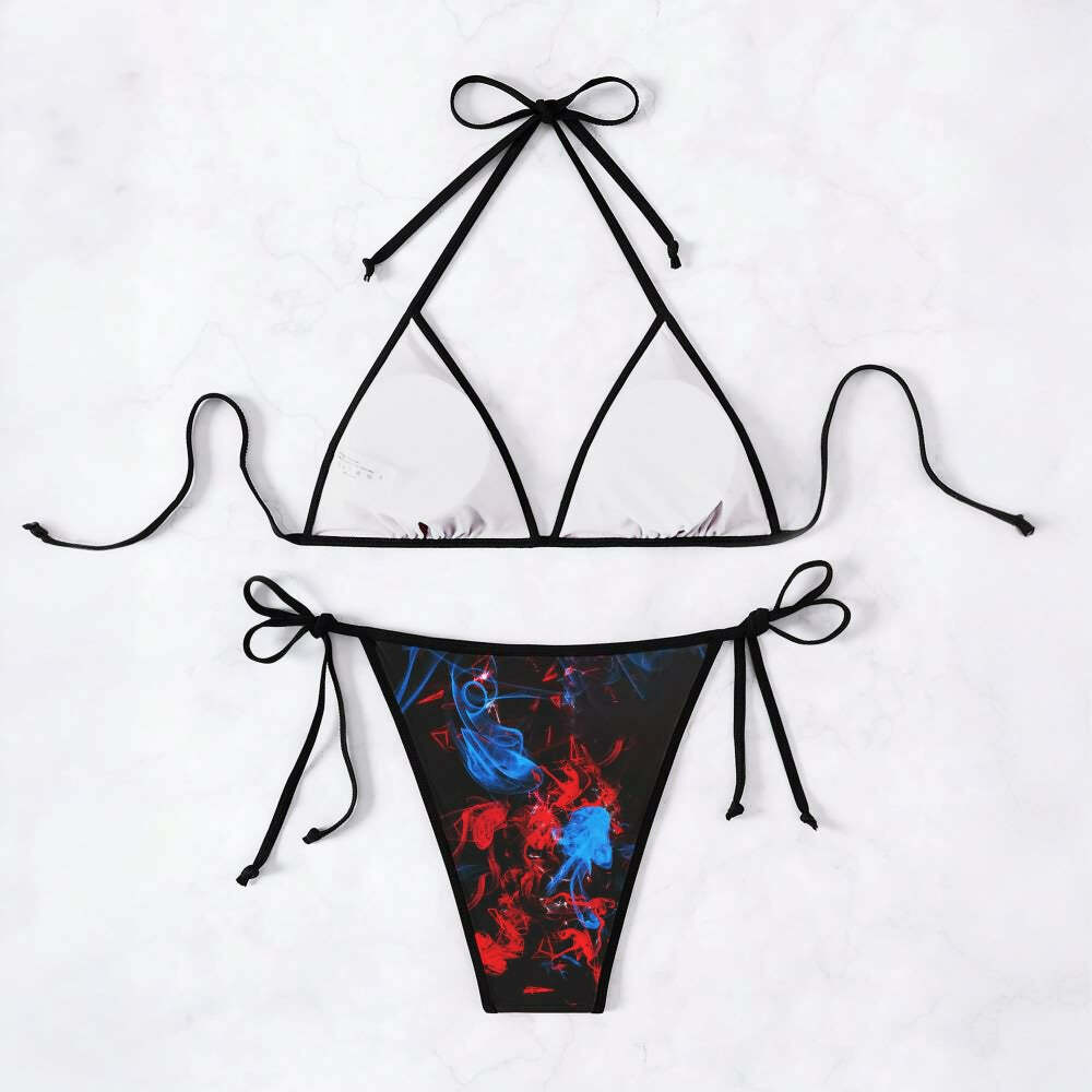 Y2K Grunge Colorful Smoke Skull Halter String Bikini Set - Retro 90s Summer Beach Outfit