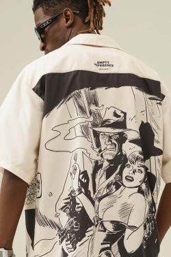 Y2K Grunge Comic Button-Up Shirt - Retro 90s Fashion, Summer Outfits, and Party Looks