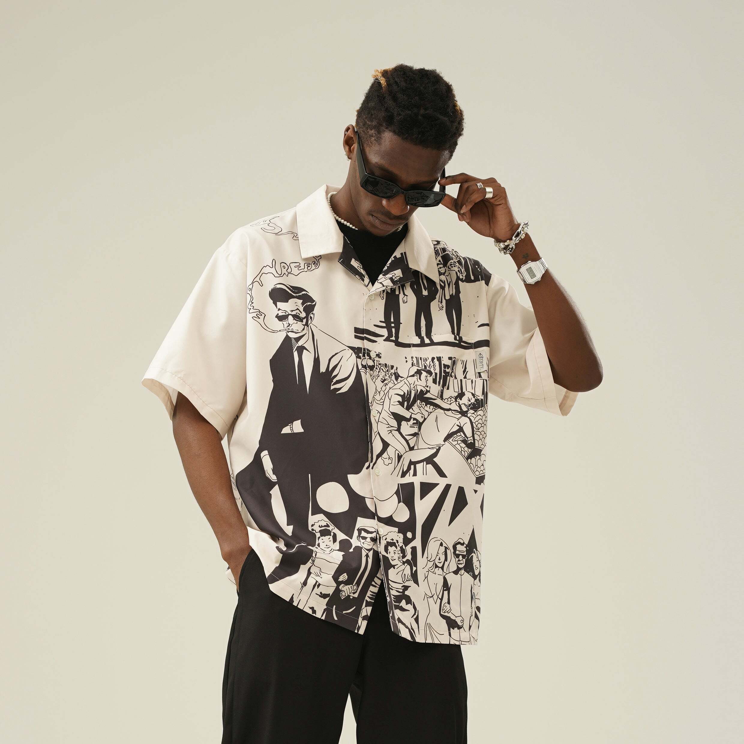 Y2K Grunge Comic Button-Up Shirt - Retro 90s Fashion, Summer Outfits, and Party Looks