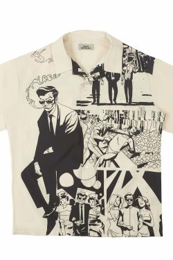Y2K Grunge Comic Button-Up Shirt - Retro 90s Fashion, Summer Outfits, and Party Looks
