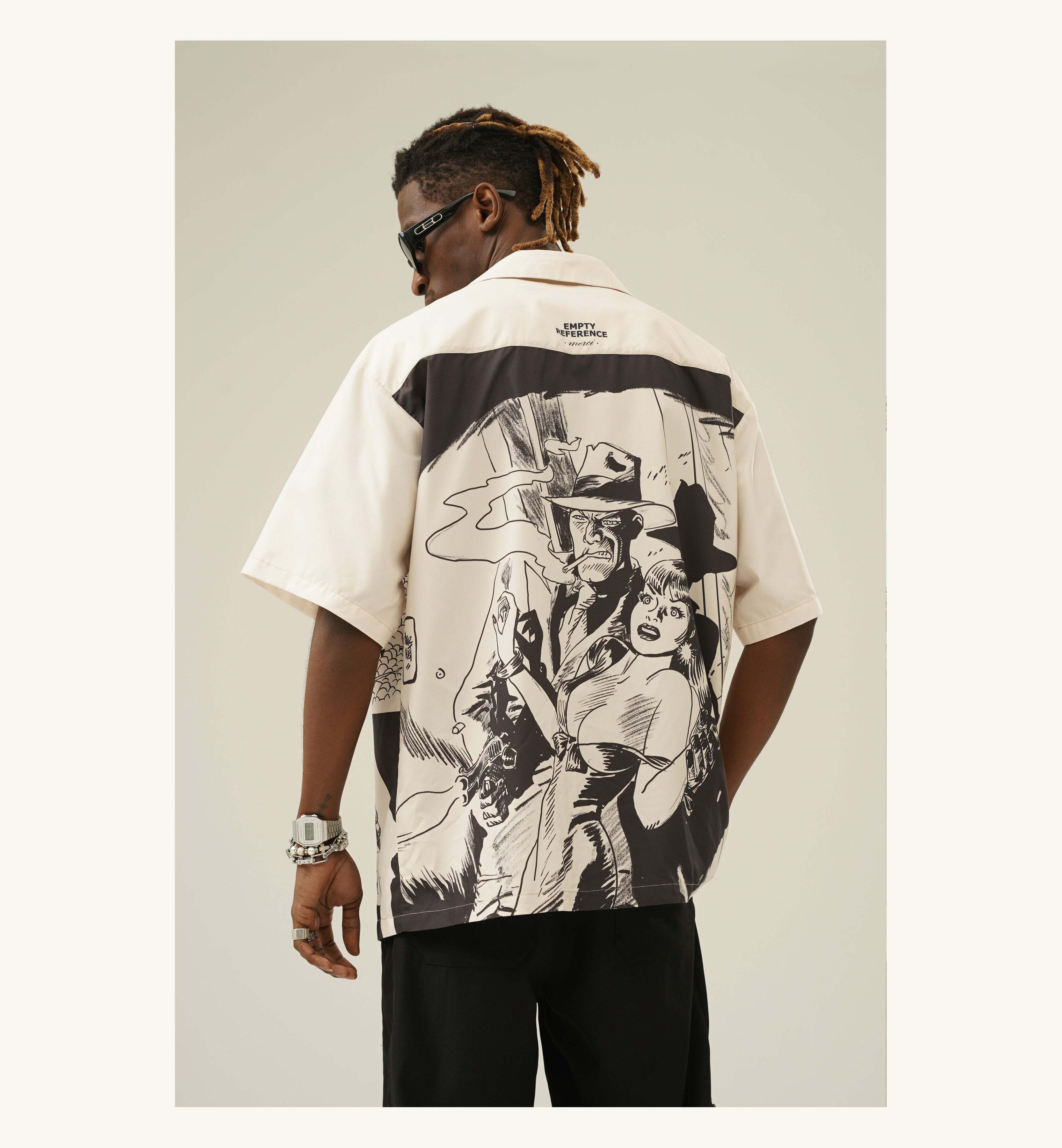 Y2K Grunge Comic Button-Up Shirt - Retro 90s Summer Outfit, Pastel Goth, Hip Hop Fashion