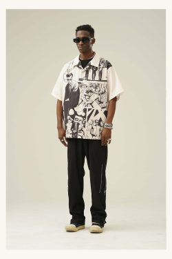 Y2K Grunge Comic Button-Up Shirt - Retro 90s Summer Outfit, Pastel Goth, Hip Hop Fashion