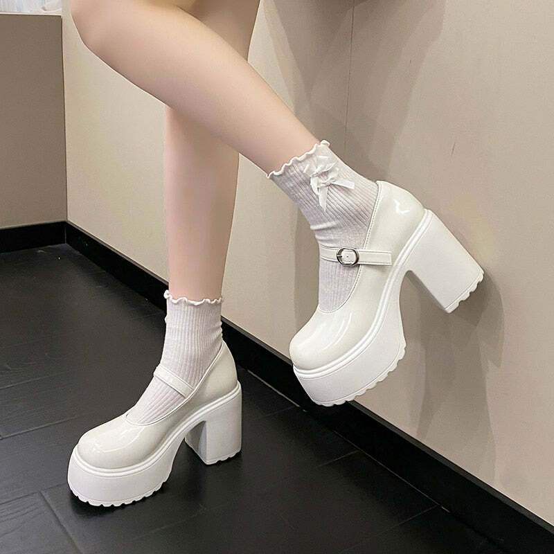 Y2K Grunge Coquette Mary Janes Platform Shoes White - Retro 90s Summer Party Outfit