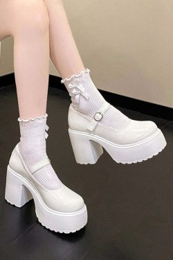 Y2K Grunge Coquette Mary Janes Platform Shoes White - Retro 90s Summer Party Outfit