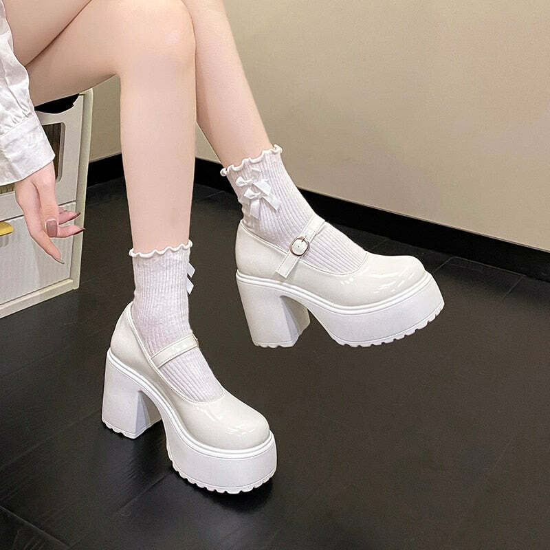 Y2K Grunge Coquette Mary Janes Platform Shoes White - Retro 90s Summer Party Outfit