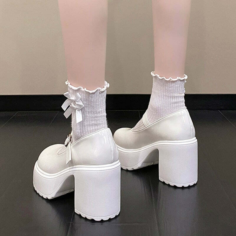 Y2K Grunge Coquette Mary Janes Platform Shoes White - Retro 90s Summer Party Outfit