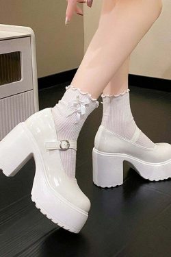 Y2K Grunge Coquette Mary Janes Platform Shoes White - Retro 90s Summer Party Outfit