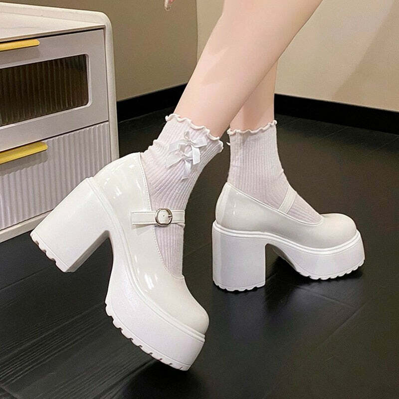 Y2K Grunge Coquette Mary Janes Platform Shoes White - Retro 90s Summer Party Outfit