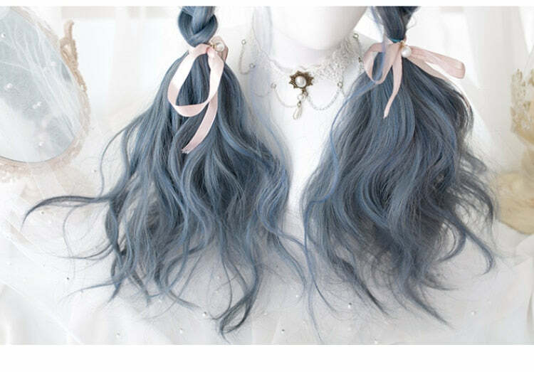 Y2K Grunge Cosplay E-Girl Wig - Dusty Blue Wavy Retro 90s Fashion, Y2K Hairstyles, Pastel