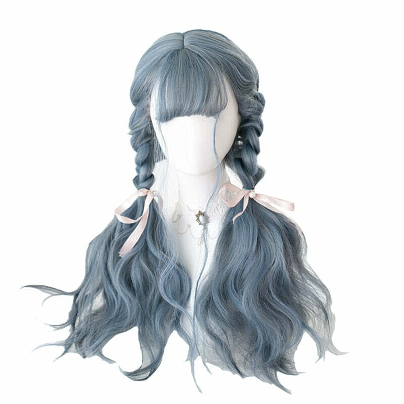 Y2K Grunge Cosplay E-Girl Wig - Dusty Blue Wavy Retro 90s Fashion, Y2K Hairstyles, Pastel