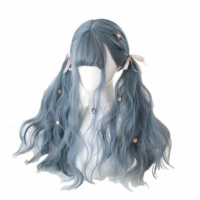 Y2K Grunge Cosplay E-Girl Wig - Dusty Blue Wavy Retro 90s Fashion, Y2K Hairstyles, Pastel