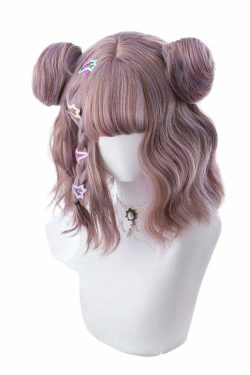 Y2K Grunge Cosplay Wig - Short Wavy Buns, Mauve | 90s Retro Style, Pastel Goth, Y2