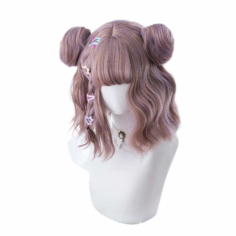Y2K Grunge Cosplay Wig - Short Wavy Buns, Mauve | 90s Retro Style, Pastel Goth, Y2