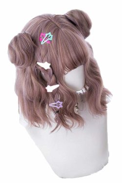 Y2K Grunge Cosplay Wig - Short Wavy Buns, Mauve | 90s Retro Style, Pastel Goth, Y2