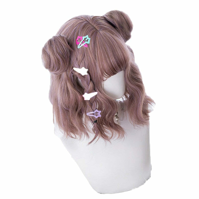 Y2K Grunge Cosplay Wig - Short Wavy Buns, Mauve | 90s Retro Style, Pastel Goth, Y2