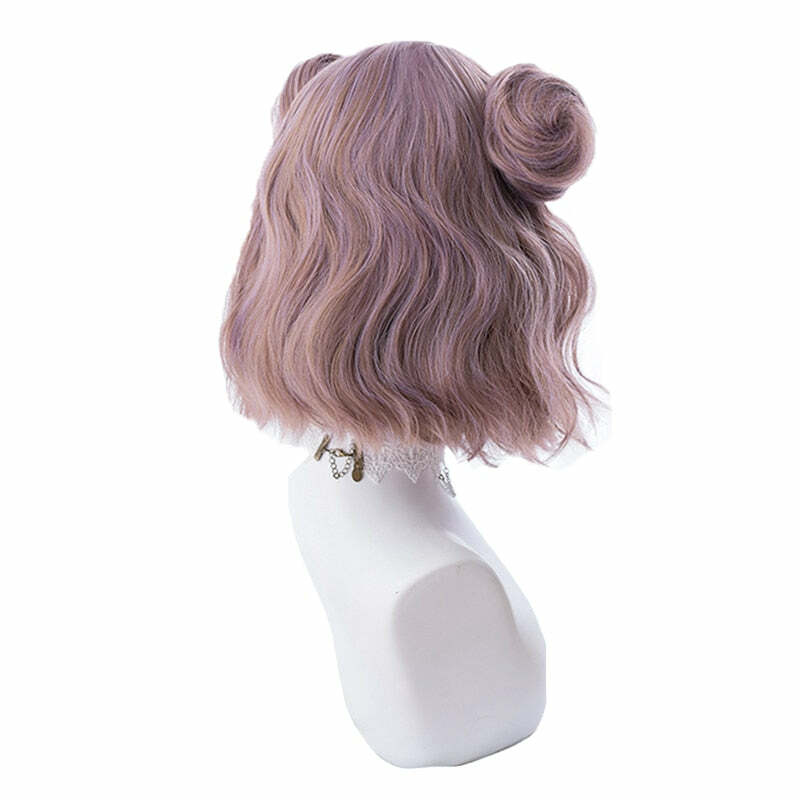 Y2K Grunge Cosplay Wig - Short Wavy Buns, Mauve | 90s Retro Style, Pastel Goth, Y2