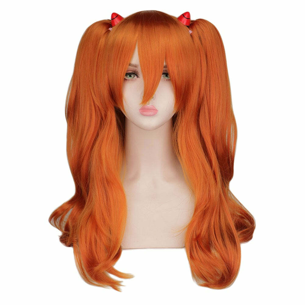 Y2K Grunge Cosplay Wig Long Orange with 2 Ponytail Clips - 90s Retro Style for Y2K Outfits