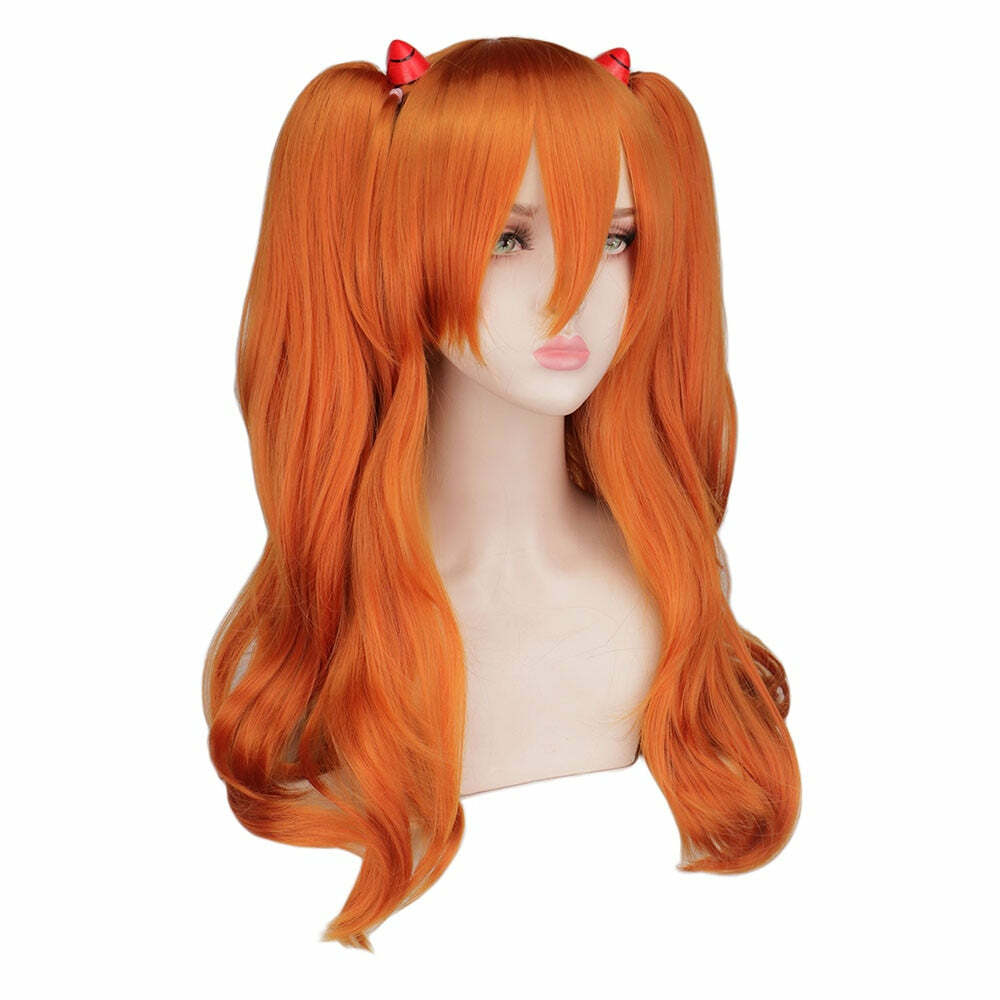 Y2K Grunge Cosplay Wig Long Orange with 2 Ponytail Clips - 90s Retro Style for Y2K Outfits