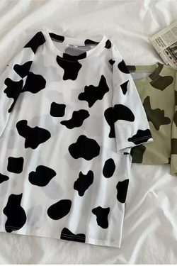 Y2K Grunge Cow-tastic Sleeved Tee - Retro 90s Summer Outfit, Pastel Goth, Y2K Fashion