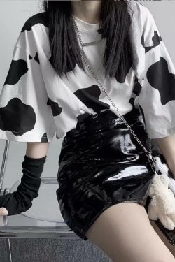 Y2K Grunge Cow-tastic Sleeved Tee - Retro 90s Summer Outfit, Pastel Goth, Y2K Fashion