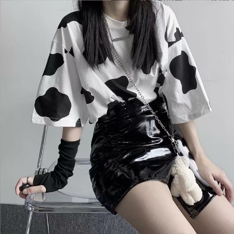 Y2K Grunge Cow-tastic Sleeved Tee - Retro 90s Summer Outfit, Pastel Goth, Y2K Fashion