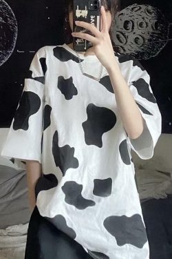 Y2K Grunge Cow-tastic Sleeved Tee - Retro 90s Summer Outfit, Pastel Goth, Y2K Fashion